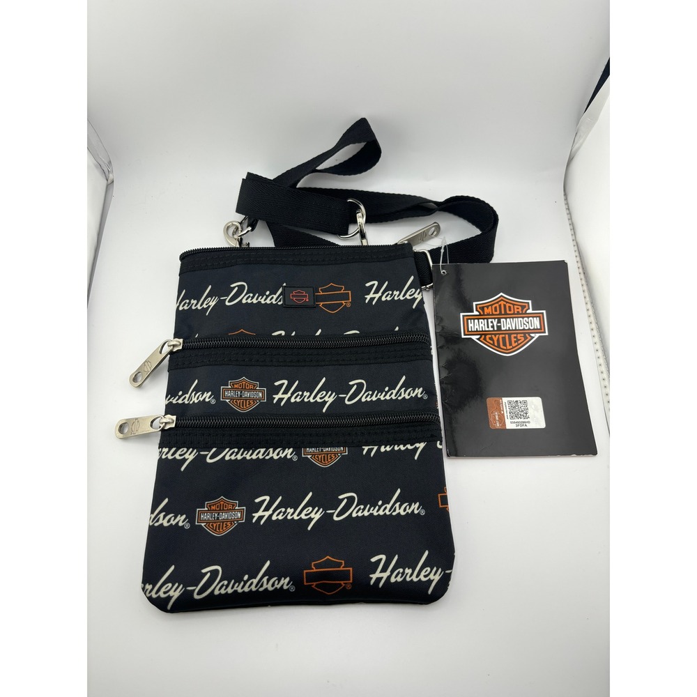 Harley-Davidson Signature Crossbody Sling Bag Black Logo Print 3-Zip 99616 NEW